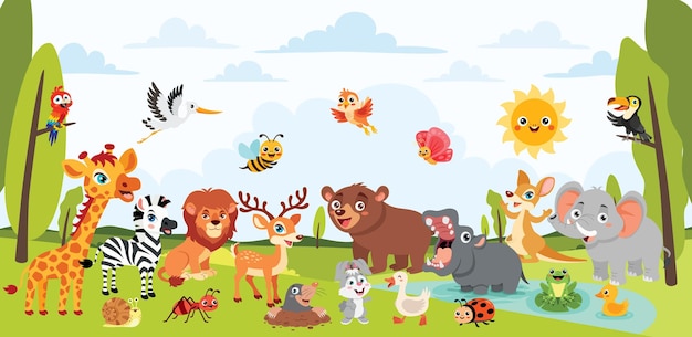 Animales de dibujos animados posando en el bosque