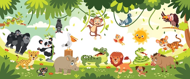 Animales de dibujos animados posando en el bosque