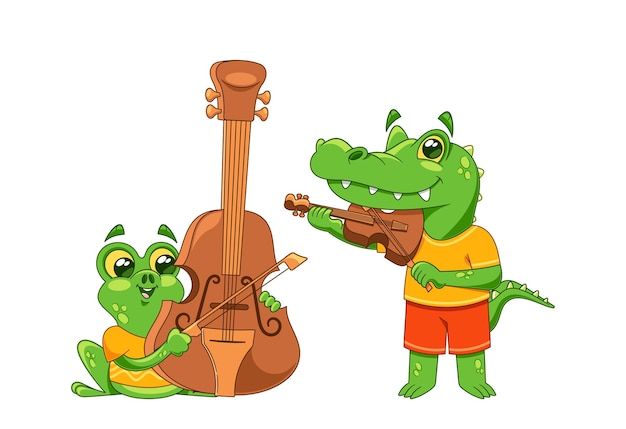 Animales de dibujos animados, ranas y cocodrilos, vestidos con ropas brillantes, tocan instrumentos musicales con alegría