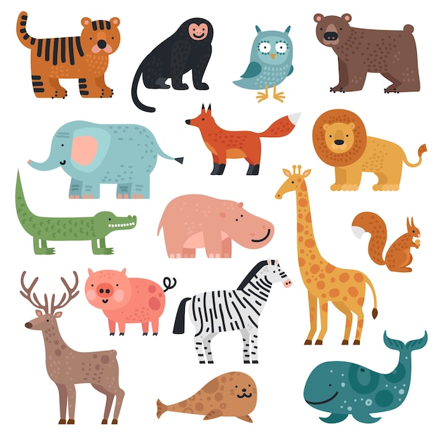 Animales de dibujos animados. tigre, mono y oso, elefante y león, cocodrilo y ciervo, bosque de liebres y conjunto de vectores de animales tropicales lindos