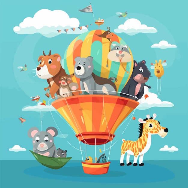 Animales de dibujos animados volando en globos de aire caliente dirigibles voladores retro y globo de air caliente con animales a bordo conjunto de ilustraciones vectoriales planas personajes lindos volando en transporte aéreo