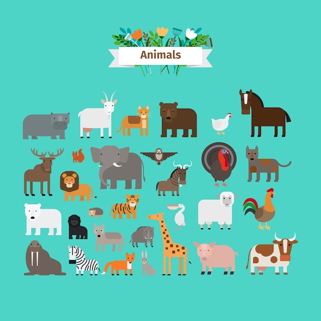 Animales de diseño plano vector iconos