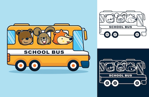 Animales divertidos en el autobús escolar. Ilustración de dibujos animados de vector en estilo de icono plano