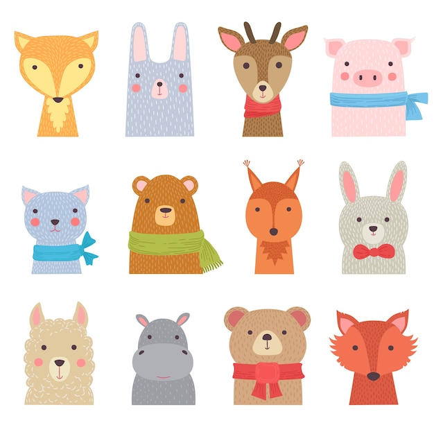 Animales divertidos. Colección de zoológico lindo ducha niños decoración animales bebé vector dibujos dibujados a mano. Ilustración de vida silvestre, ardilla e hipopótamo del zoológico