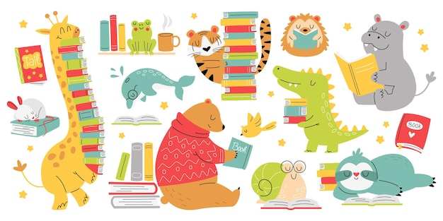 Animales divertidos leen libros conjunto de iconos planos Cute dibujos animados tigre delfín cocodrilo snailbird leyendo textos interesantes