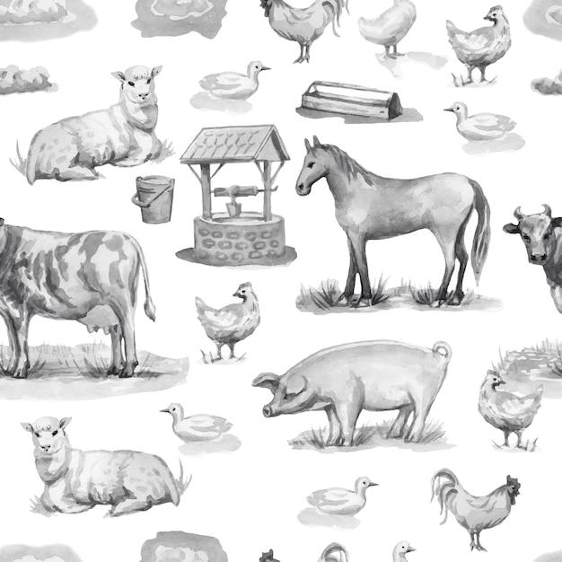 Animales domésticos granja vaca oveja caballo pollo gallo acuarela ilustración dibujado a mano gran conjunto