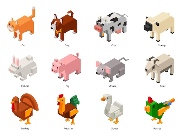 Animales domésticos isométricos Mascotas de baja poli y aves de granja Gato cuadrado perro poligonal y conejo voxel Conjunto de vectores de dibujos animados en 3D