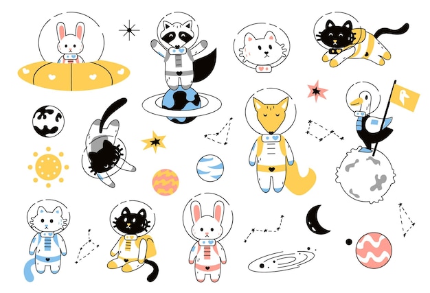 Animales espaciales Astronautas de aventuras en planetas alienígenas y galaxias Gatos y zorros conejos o mapaches con trajes espaciales Ganso de dibujos animados volando en una nave espacial y explorando el conjunto de vectores del universo