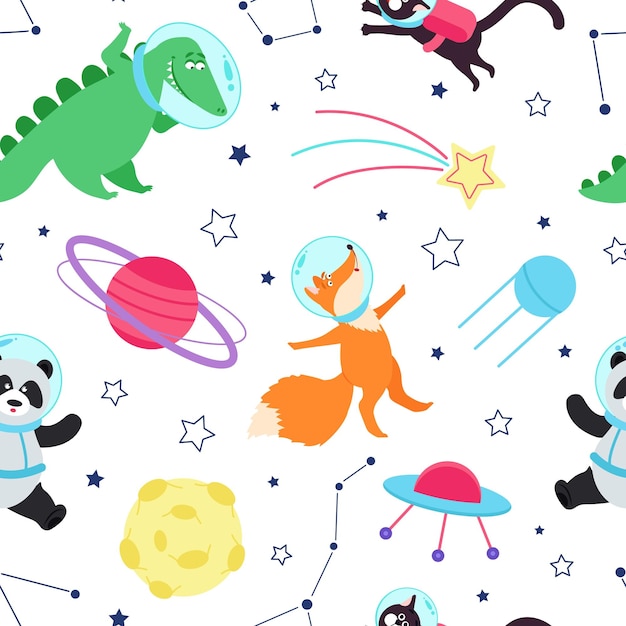 Animales espaciales de patrones sin fisuras Lindo animal galaxia niños aventuras imprimir Dibujos animados papel tapiz infantil astronauta viaje en cosmos conjunto de vectores decentes