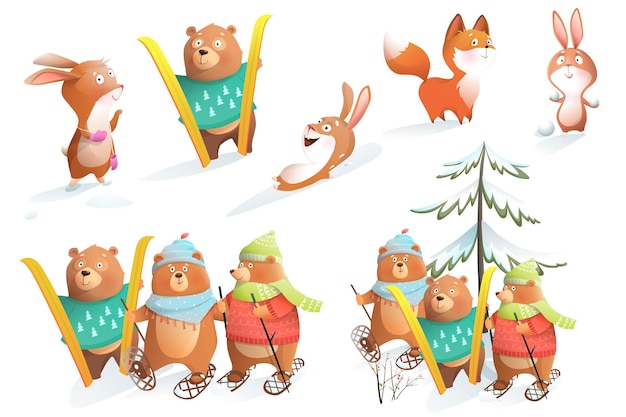 Animales Esquiando y jugando con espectáculo en el bosque de invierno para las vacaciones de Navidad, colección de pegatinas de temporada. Ilustración de imágenes prediseñadas de personajes de invierno para niños. Dibujos animados para niños ambientados en estilo acuarela.