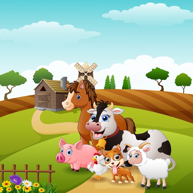 Animales felices en las colinas de la granja