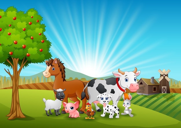 Animales felices en el fondo de la granja