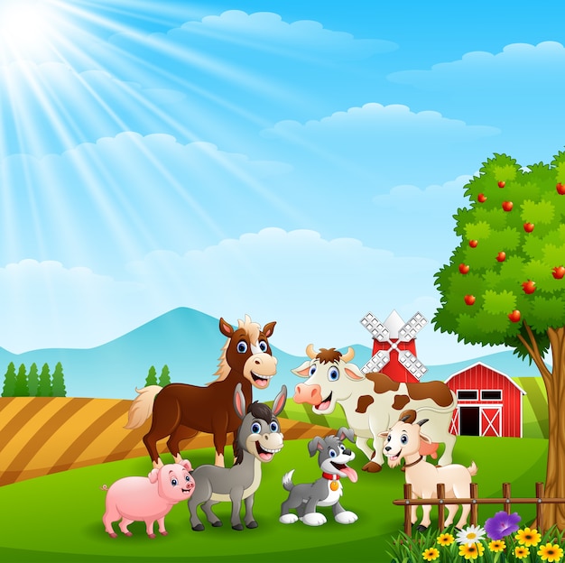 Animales felices en el fondo de la granja