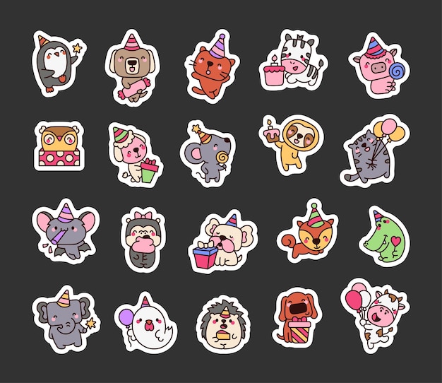 Animales de la fiesta personajes de dibujos animados kawaii
