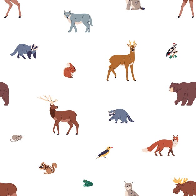 Vector animales forestales de patrón sin costuras fondo sin fin impresión repetitiva con oso alce ciervo lobo y lince especies de fauna telón de fondo repetible para papel tapiz de tela ilustración vectorial plana