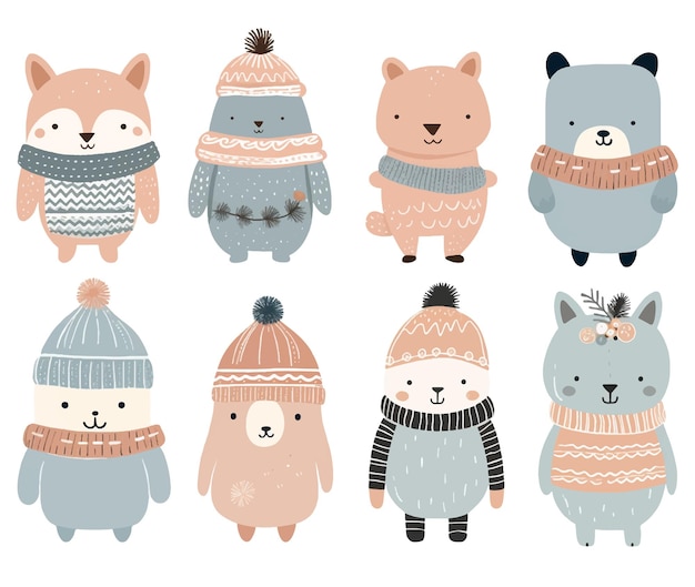 Vector animales de garabato dibujados a mano lindos animales escandinavos en ropa de invierno ilustración de vector de bosque de invierno