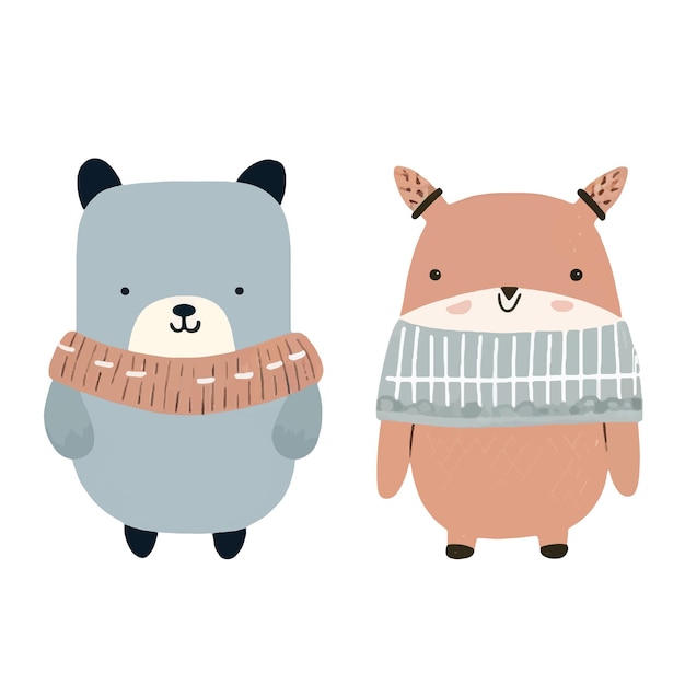 Animales de garabato dibujados a mano Lindos animales escandinavos en ropa de invierno Ilustración de vector de bosque de invierno