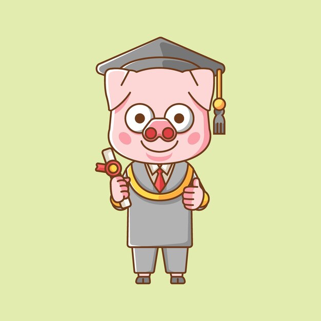Animales de graduación de cerdos lindos kawaii chibi personaje mascota ilustración diseño de estilo de contorno