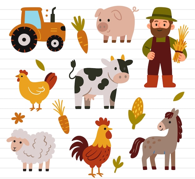Animales de la granja Agricultor y tractor Ilustración conjunto de caracteres y elementos de la granza