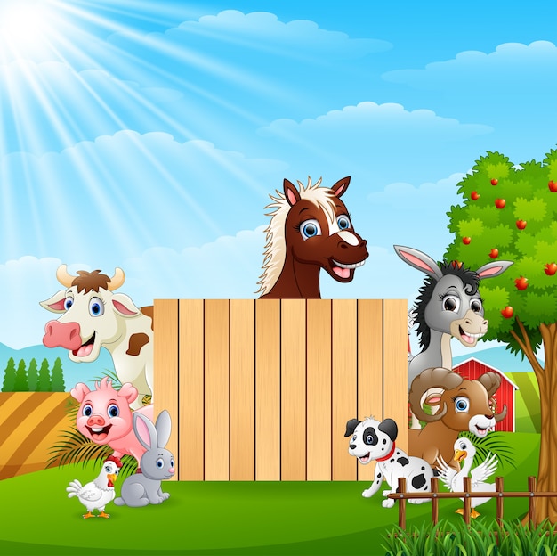 Animales de granja con un cartel en blanco de madera
