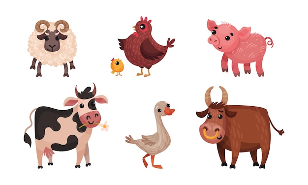 Animales de granja con conjunto de vectores de vacas y ovejas