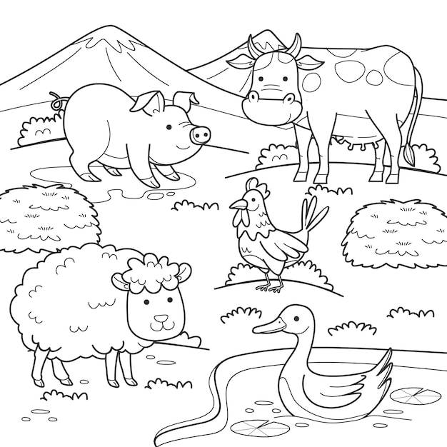 Animales de granja dibujados a mano Ilustración para colorear páginas