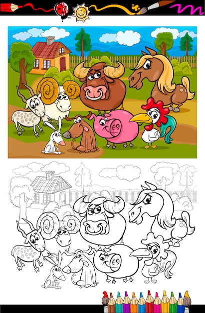 Animales de granja de dibujos animados para colorear libro