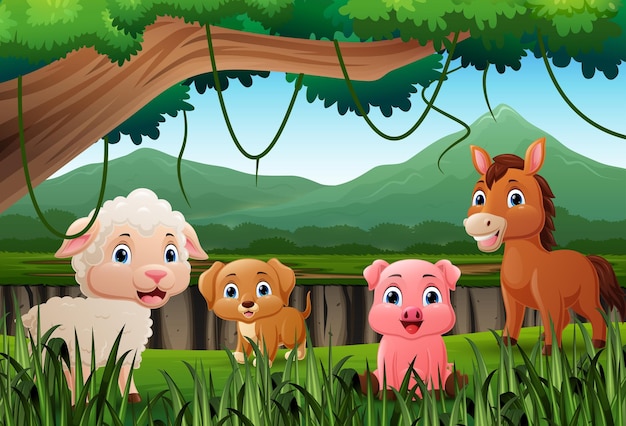 Animales de granja de dibujos animados en la jungla