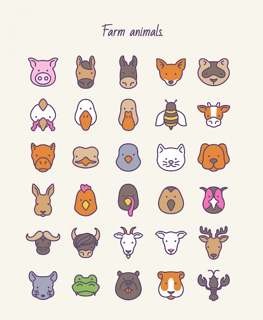 Animales de granja. Esquema conjunto de vectores iconos.