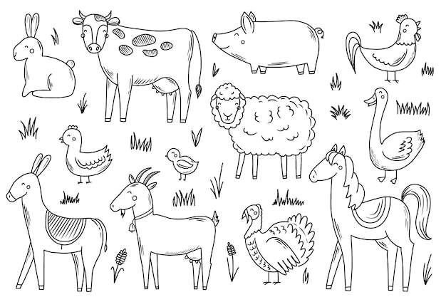 Vector con animales de granja en estilo doodle ilustración vectorial para su diseño