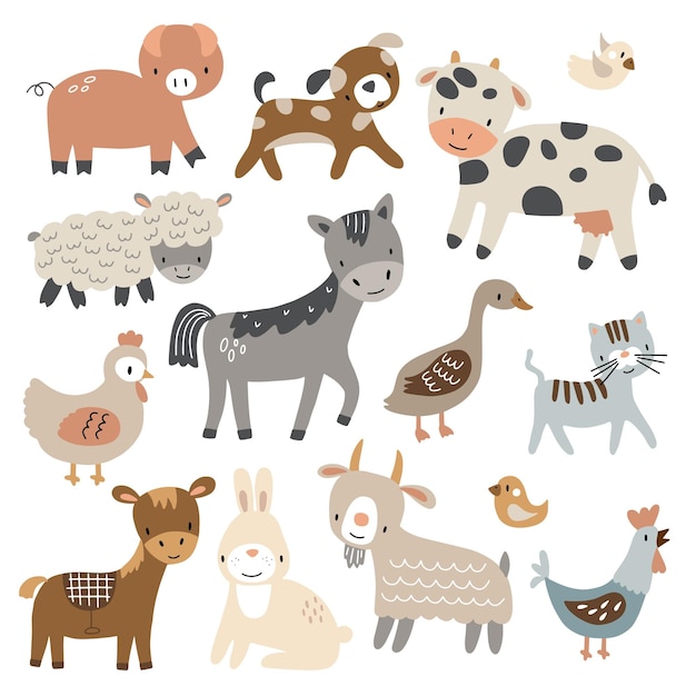 Animales de granja en estilo plano aislado sobre fondo blanco Ilustración vectorial Colección de animales de dibujos animados lindo oveja cabra vaca burro caballo cerdo gato perro ganso pollo gallina gallo