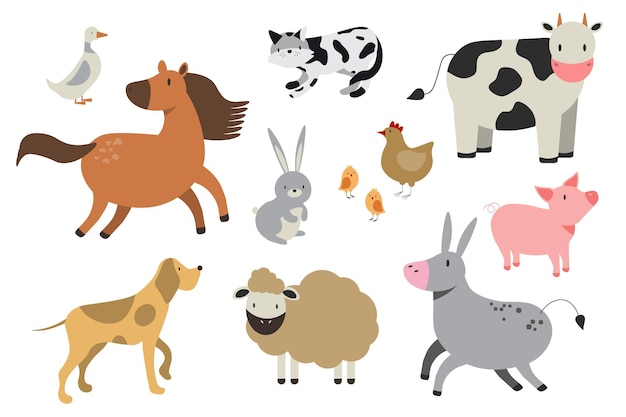 Vector animales de granja en estilo plano aislado sobre fondo blanco ilustración vectorial colección de animales de dibujos animados lindo oveja cabra vaca burro caballo cerdo gato perro pato ganso pollo eps