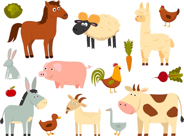 Vector animales de granja en estilo plano aislado sobre fondo blanco. ilustración vectorial. colección de animales de dibujos animados lindo: oveja, cabra, vaca, burro, caballo, cerdo, pato, ganso, pollo, gallina, gallo, conejo