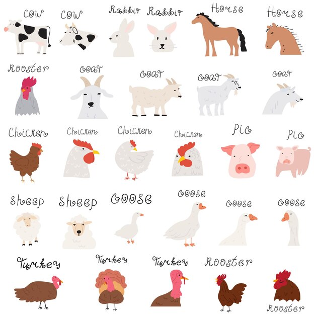 Vector animales de granja. ilustraciones planas. gran colección. iconos dibujados a mano sobre fondo blanco.