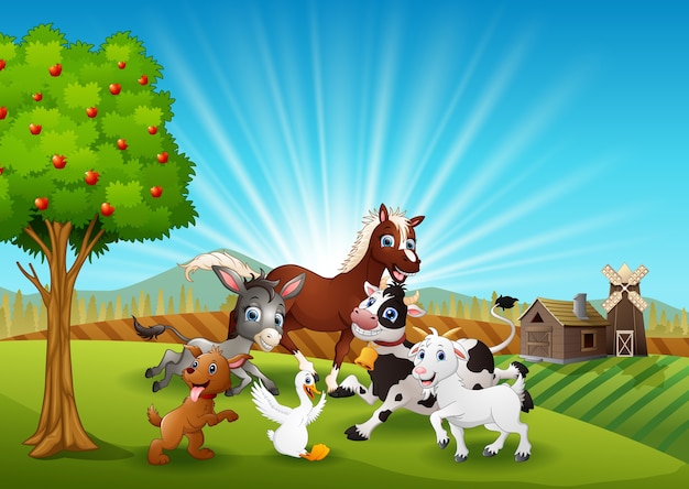 Los animales de granja jugando juntos en la mañana