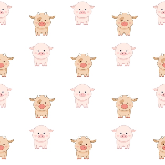 Animales de granja lindos, vacas, ovejas, pollo y cerdo Ilustración vectorial
