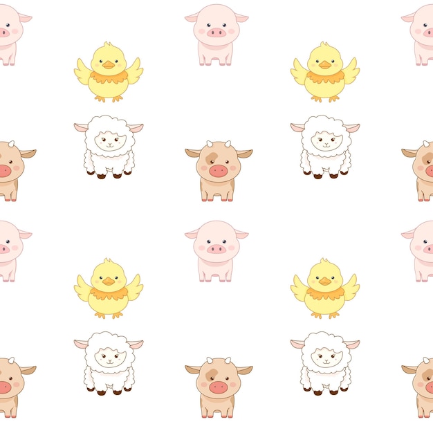 Animales de granja lindos, vacas, ovejas, pollo y cerdo Ilustración vectorial