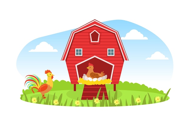 Animales de granja y molino de viento de granero rojo en un hermoso paisaje rural de verano Gallo y gallina incubando huevos Ilustración vectorial de dibujos animados