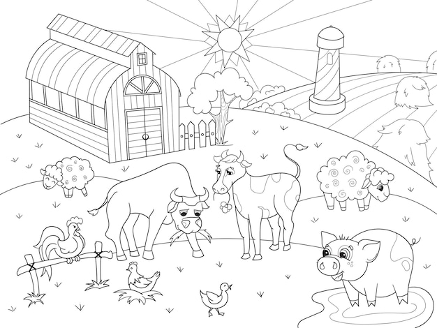 Animales de granja y paisaje rural para colorear vector para adultos