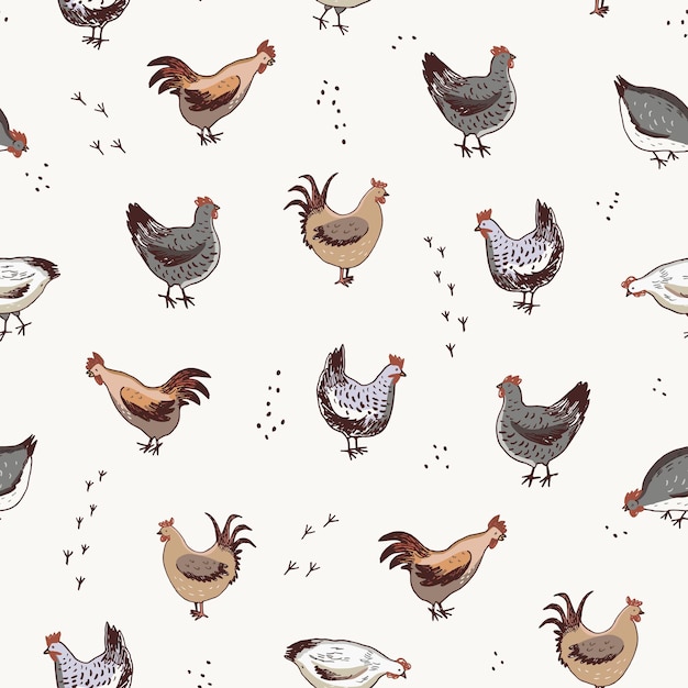 Animales de granja de pollo vector de patrones sin fisuras