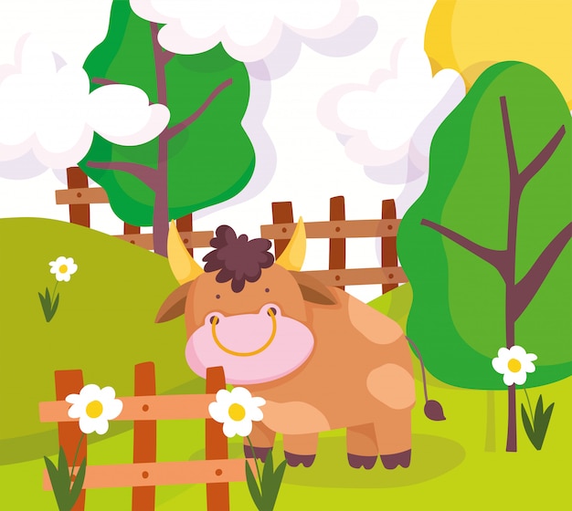animales de granja toro detrás de valla de madera árbol flores
