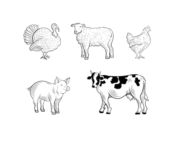 Los animales de granja vectoriales establecen ilustraciones de estilo de grabado aisladas en líneas negras de fondo blanco animales