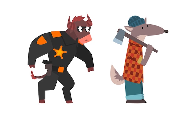 Animales humanizados de diferentes profesiones con Wolf Lumberjack y Bull Sheriff Vector Set