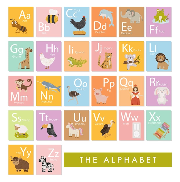 Animales ilustración del alfabeto material educativo para niños tarjetas de clase de jardín de infantes