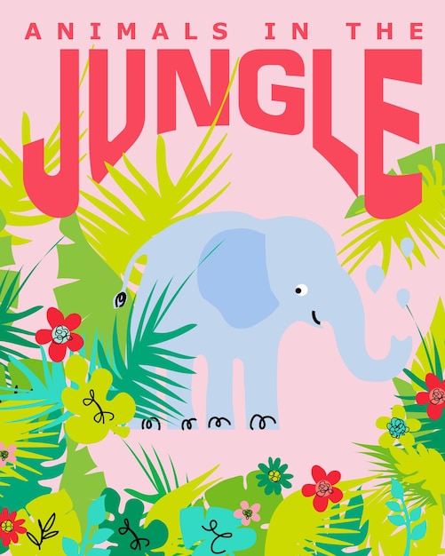 Vector animales en la ilustración del cartel de la jungla con lindo diseño de elefante