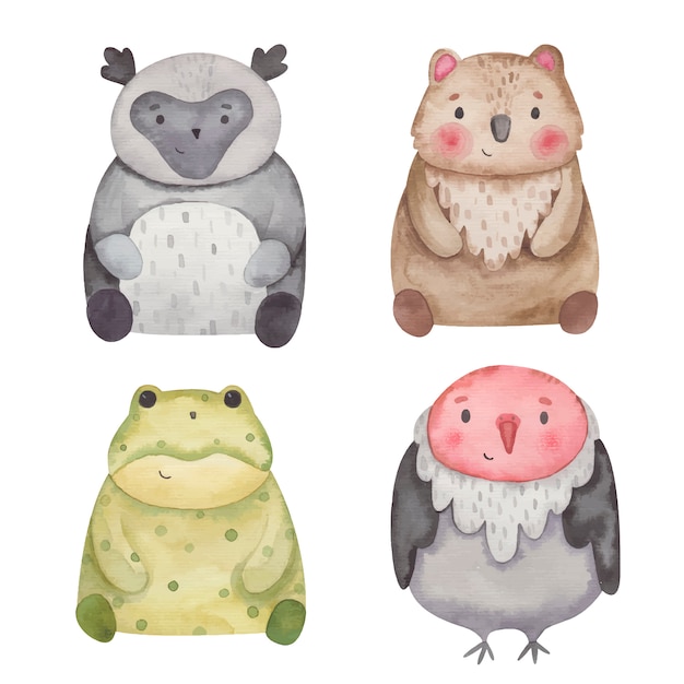 Animales indri, natterjack, quokka, buitre, acuarela, ilustración