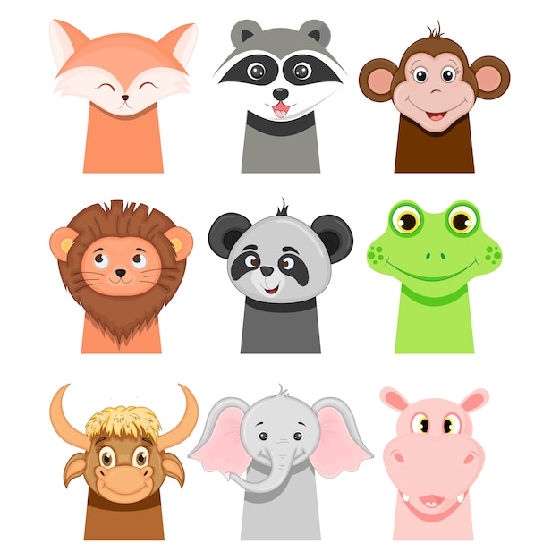 Animales infantiles: zorro, mono, mapache, león, panda, toro, elefante, hipopótamo y rana.