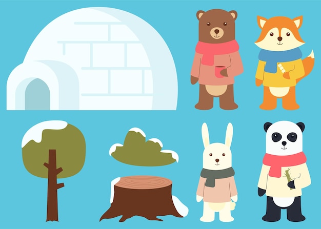 Animales de invierno personaje e ilustración de dibujos animados de iglú