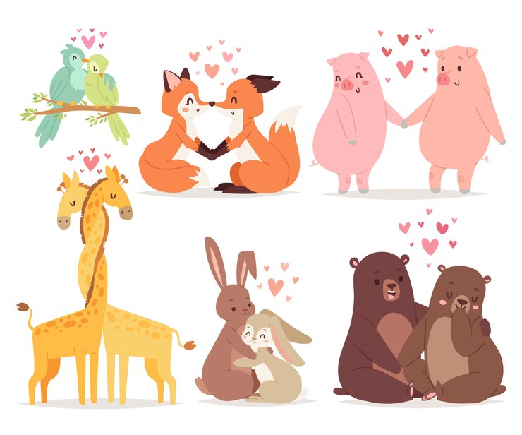 Los animales se juntan en el ejemplo del vector del día de fiesta del día de tarjetas del día de San Valentín del amor.