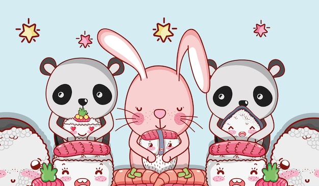 Vector animales kawaii y comida japonesa